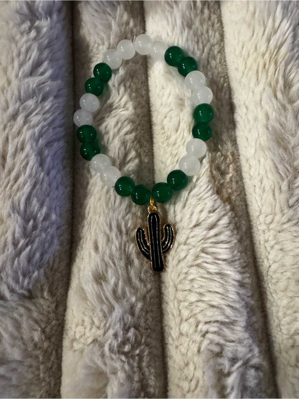 Green and Cloudy White Beaded Cactus Charm Bracelet - Women Jewelry